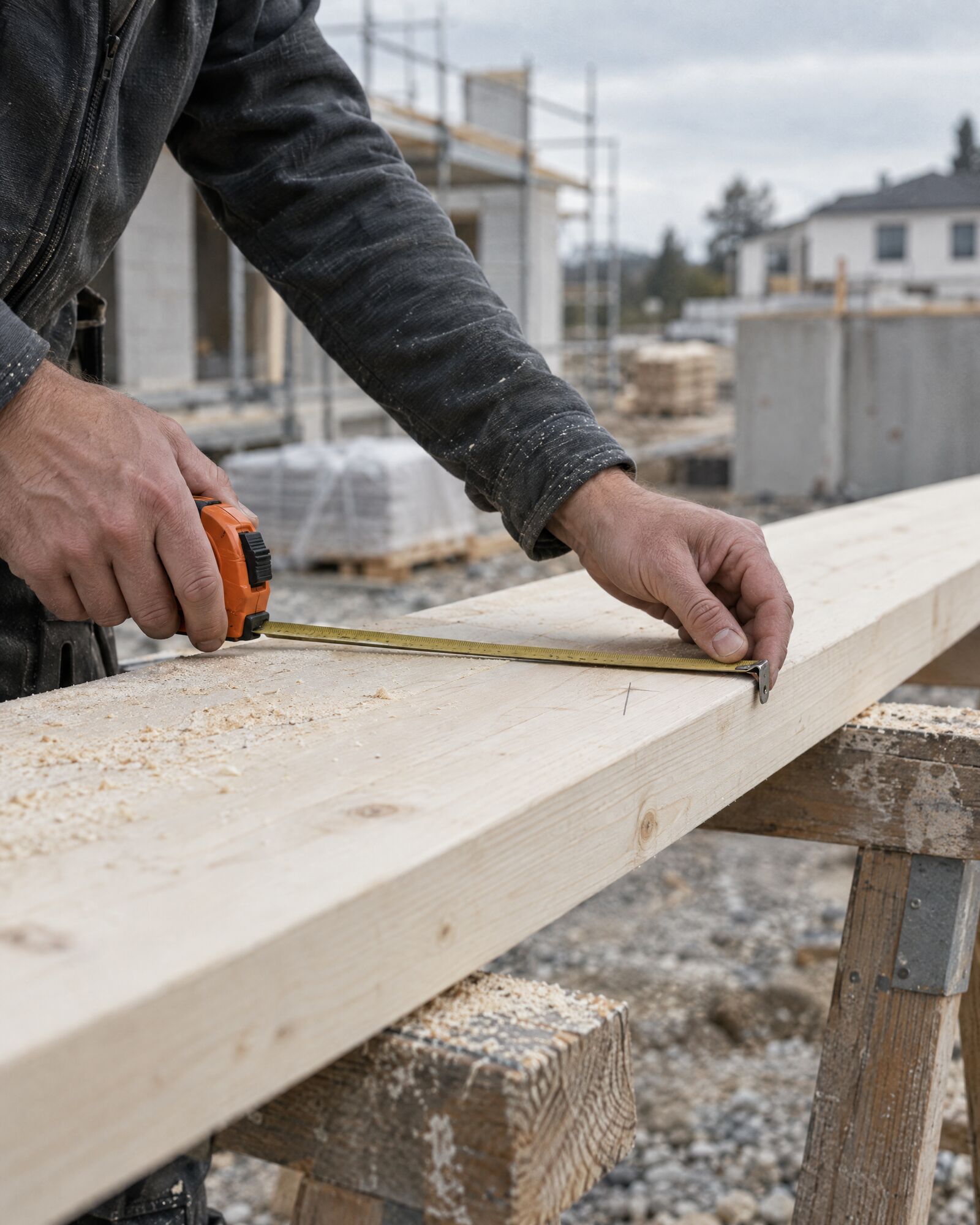 A carpenter's hands measuring timber with an orange tape measure on sawhorses