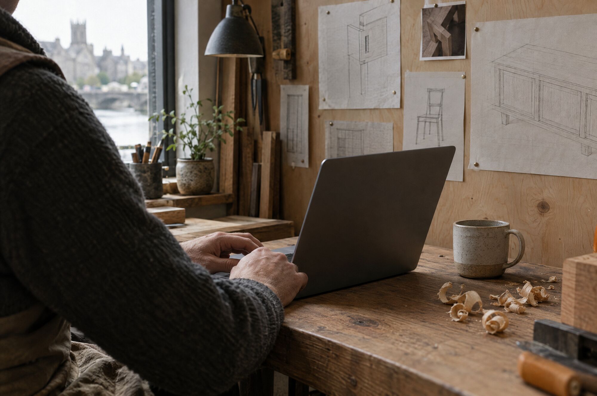 A joinery owner reviewing invoices on a laptop at a timber desk in the workshop
