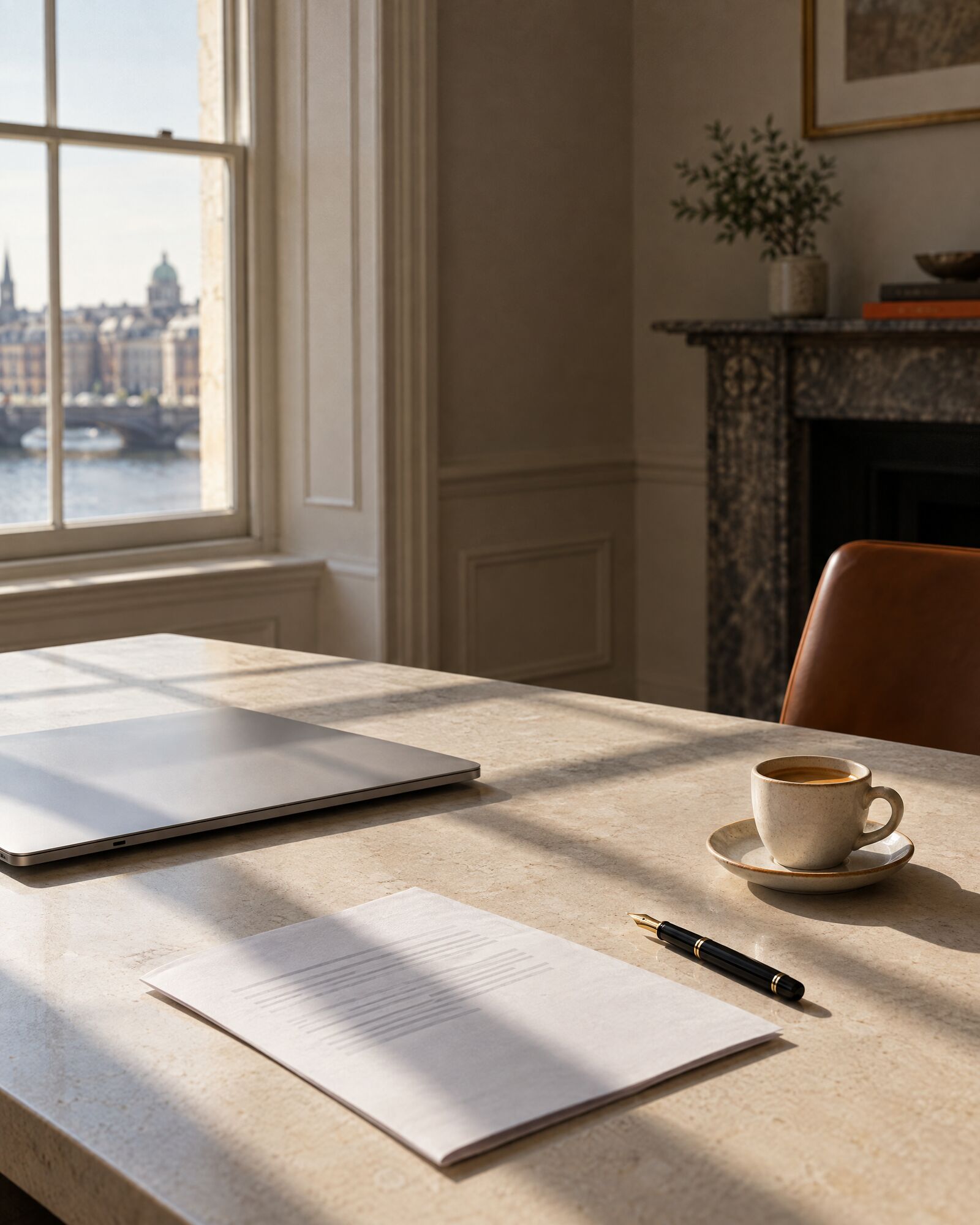 Morning light across a limestone desk with a laptop, a printed invoice and an espresso