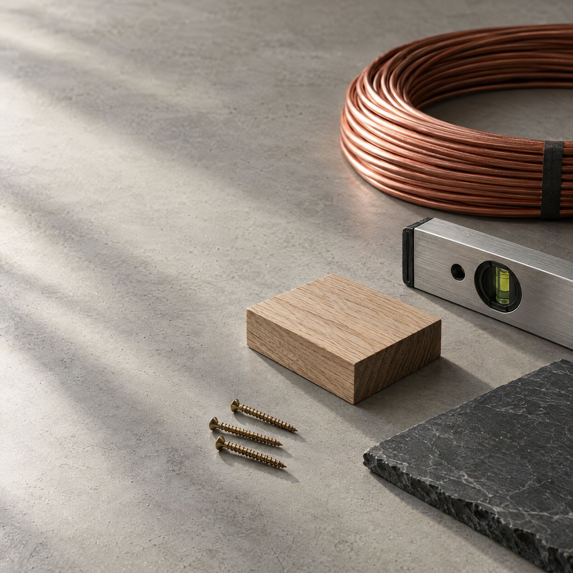 Copper cable, a steel spirit level, pale oak, slate and brass screws on polished concrete