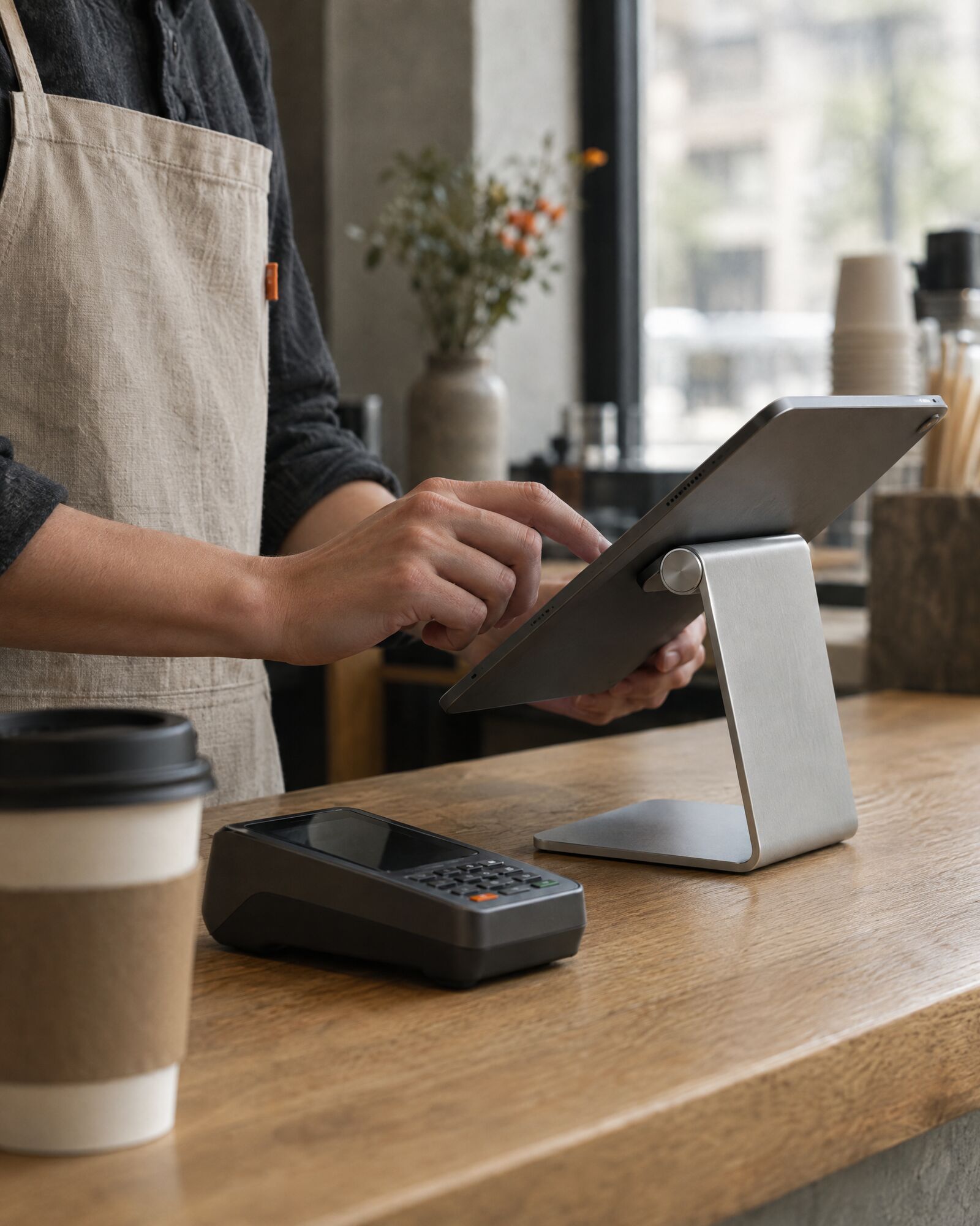 A café staff member's hands tapping a tablet on a stand at an oak counter