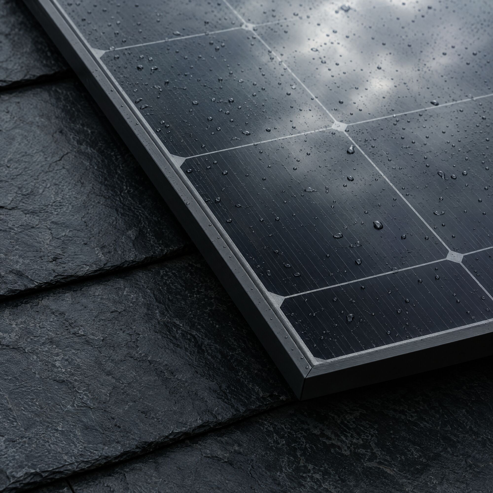 Rain droplets on the corner of a black solar panel on slate
