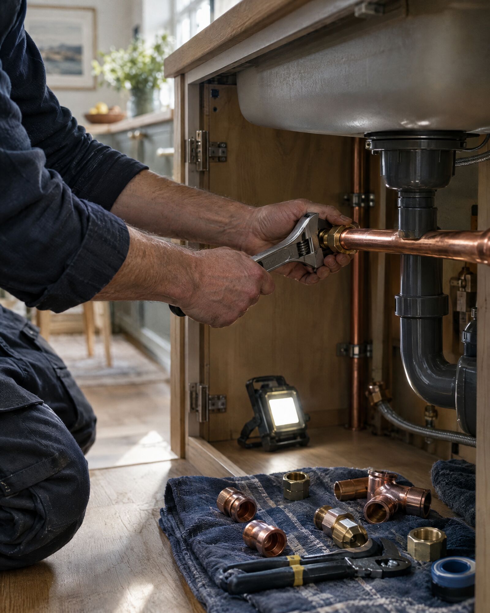 A plumber fitting copper pipe under a kitchen sink